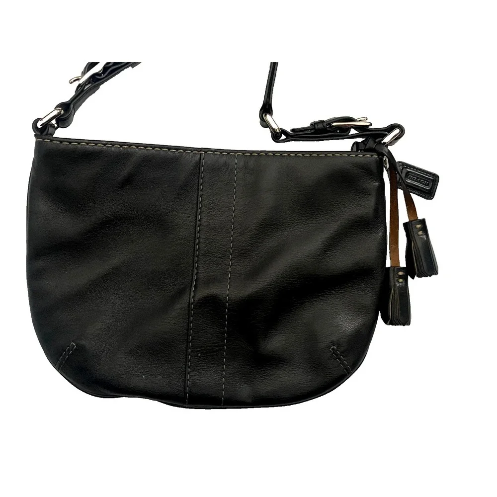 Vtg COACH Black LEATHER Swing Pack Crescent Bag Tassels Crossbody Purse